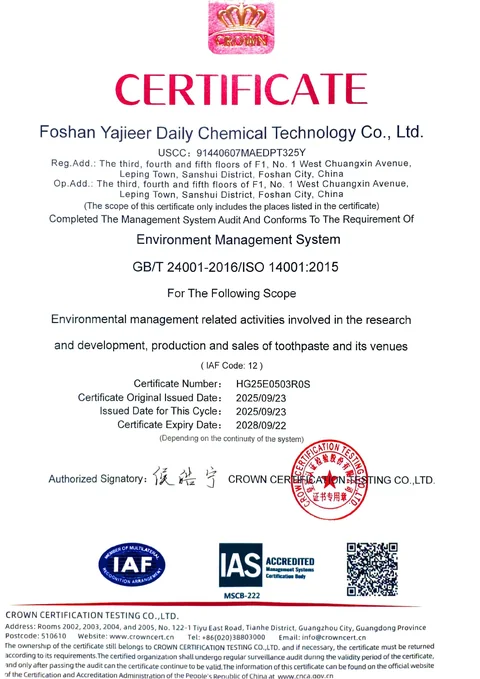 ISO 14001:2015 Environmental Management System certificate